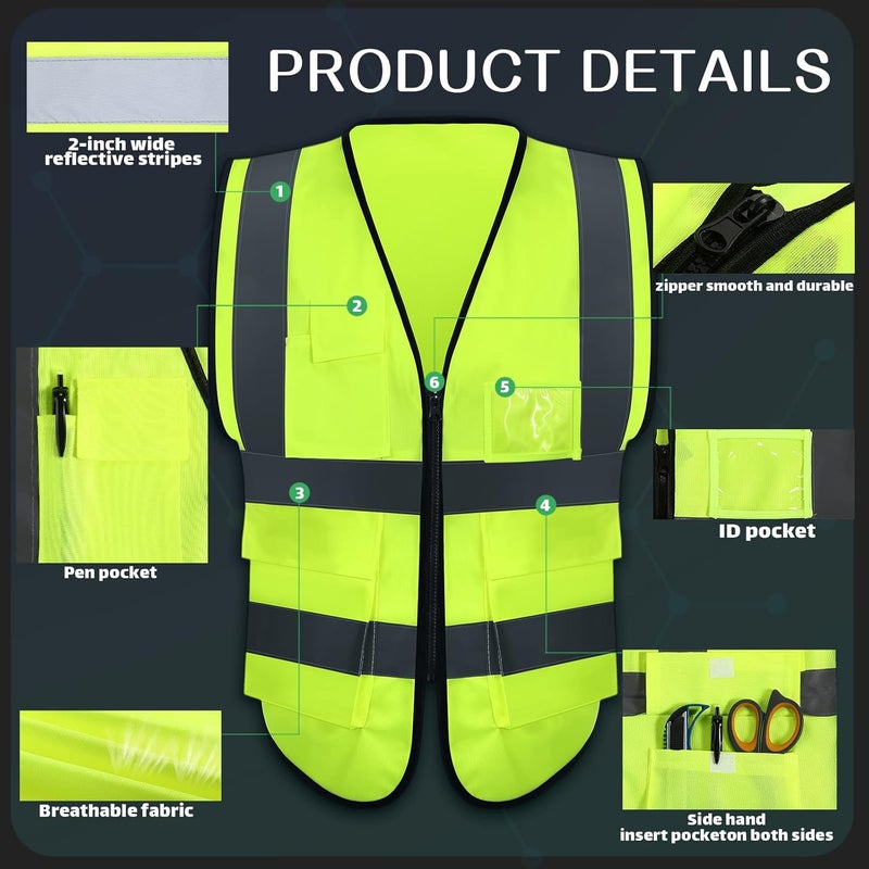 JaGely 15 Pack Reflective Safety Vests with Pockets and Zipper Construction Work High Visibility Vest for Men Women(Medium,Fluorescent Green) - Image 3
